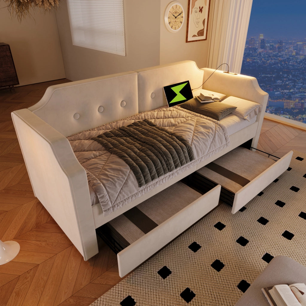 Letto singolo imbottito 90x200 beige con USB-C e cassetti