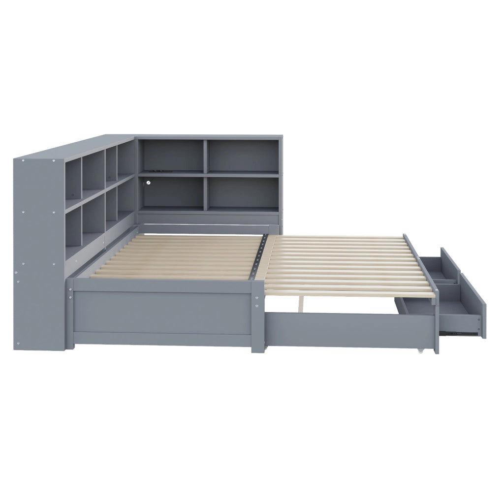 Letto estraibile in legno massiccio 90/180 x 190 cm con spazio contenitivo, presa elettrica multifunzione e cassetti, colore grigio
