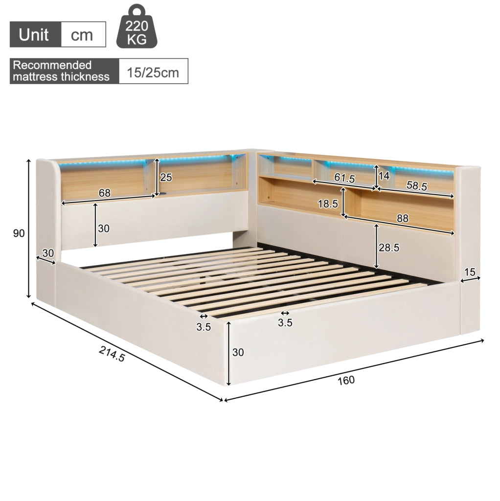 Letto imbottito con contenitore idraulico; LED; USB e Type-C; velluto beige