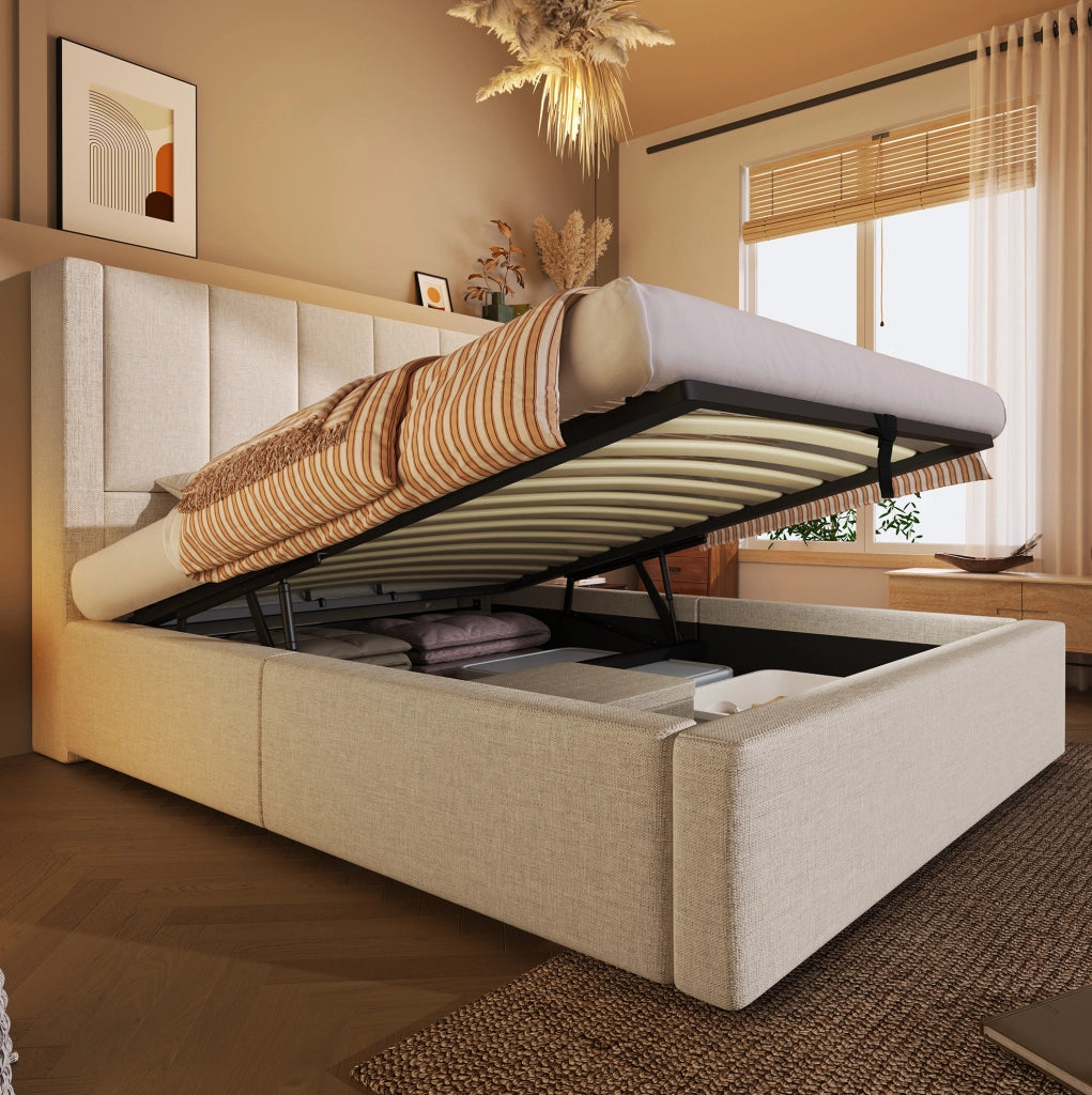 Letto imbottito 90x200 beige con materasso, USB e contenitore