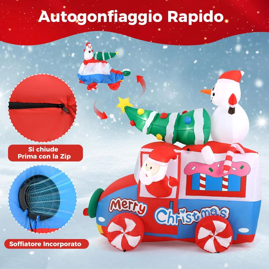 Babbo Natale Gonfiabile con Auto 177 cm, Decorazione Gonfiabile Natalizia con Babbo Natale, Pupazzo di Neve e Albero di Natale, 5 Luci LED Interne e Ventola Integrata