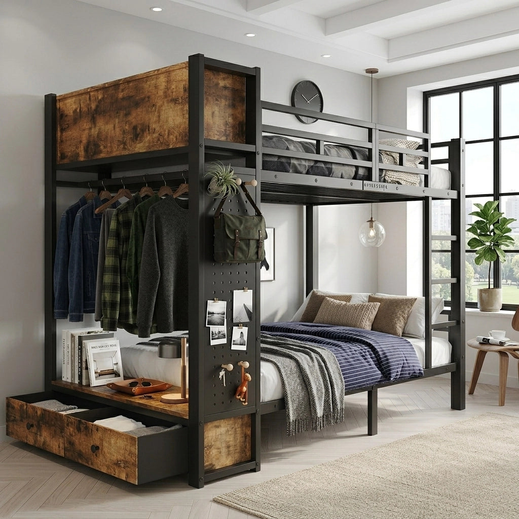 Letto a castello 120 × 200 cm in metallo e legno nero e noce scuro con modulo contenitore laterale