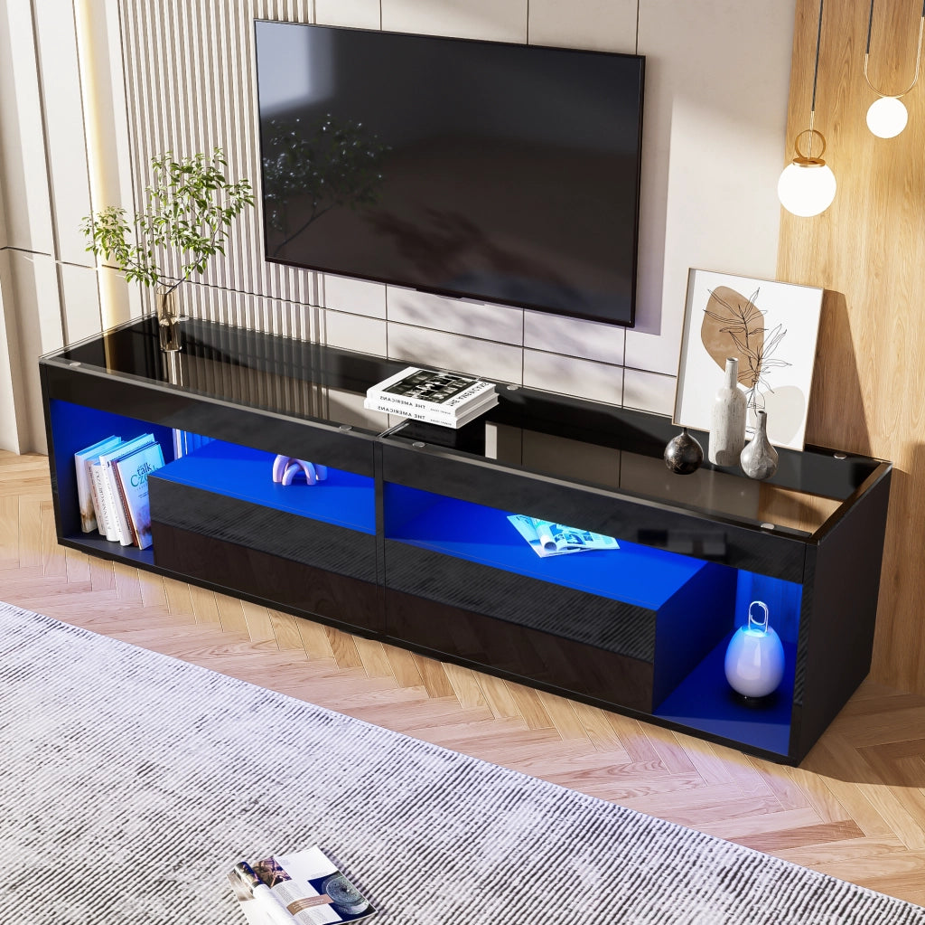 Mobile TV moderno con LED e 2 cassetti; 180x40x46 cm; nero lucido