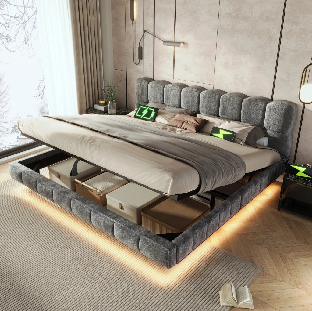 Letto matrimoniale 180x200 cm con contenitore idraulico; LED; USB e Type-C; ciniglia grigia
