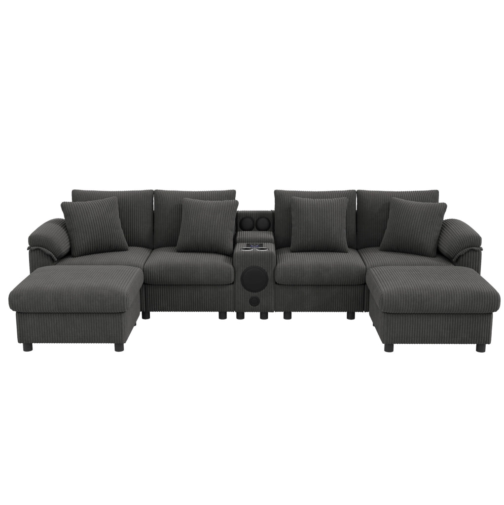 Divano modulare in velluto a coste con console Bluetooth; ricarica wireless USB/Type-C; grigio