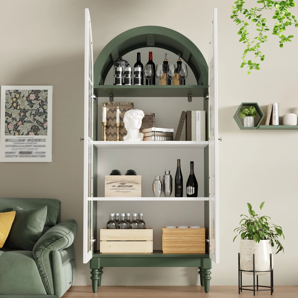 Vetrina ad arco con ante doppie in vetro rigato tre ripiani MDF verde scuro e bianco portata 60 kg 76 × 38.5 × 165 cm