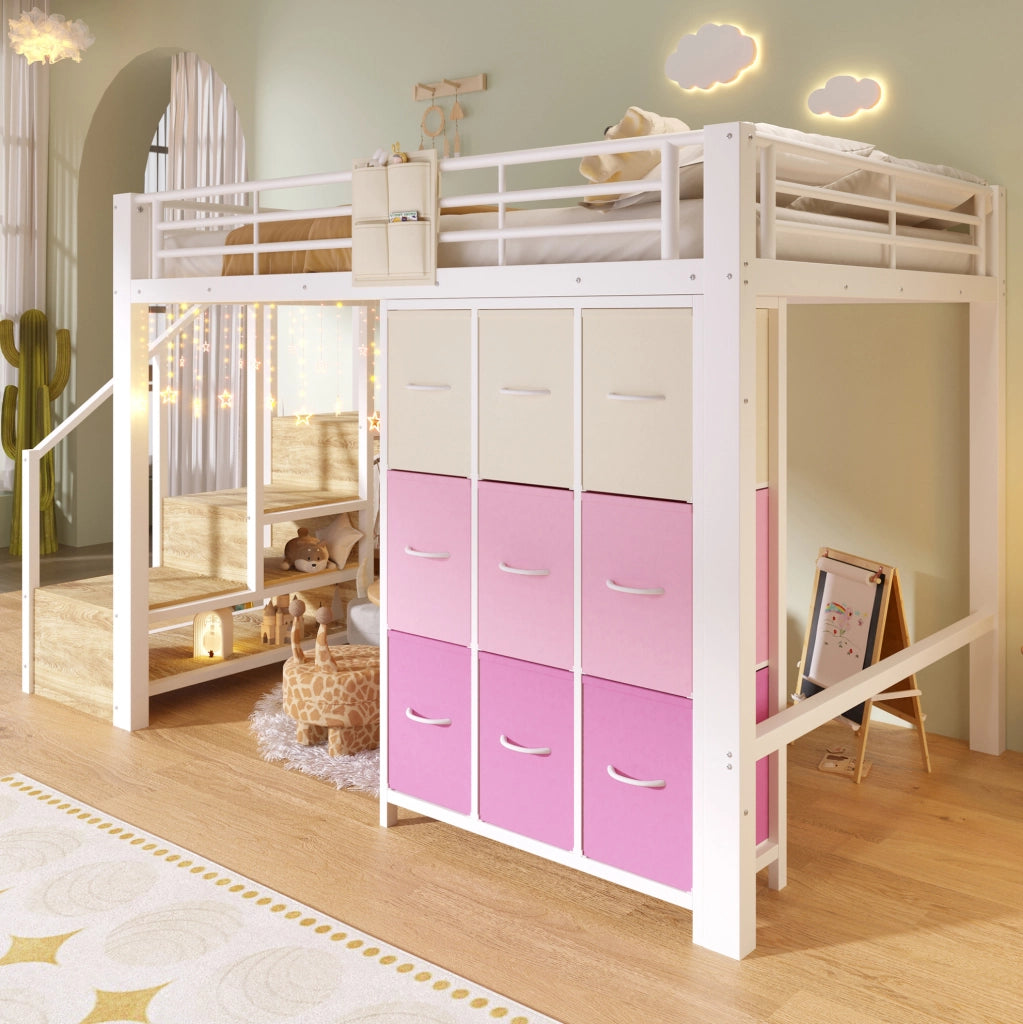 Letto a soppalco ULEVR 140x200 cm con cassetti, scala contenitore, barra appendiabiti e sponde, bianco