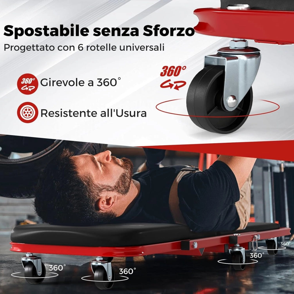 2 in 1 Sgabello da Officina a Forma di Z, Carrello Meccanico sotto Auto con Sedile Imbottito e Ruote Girevoli a 360°, Portata 150 kg, per Garage e Officina (Nero)