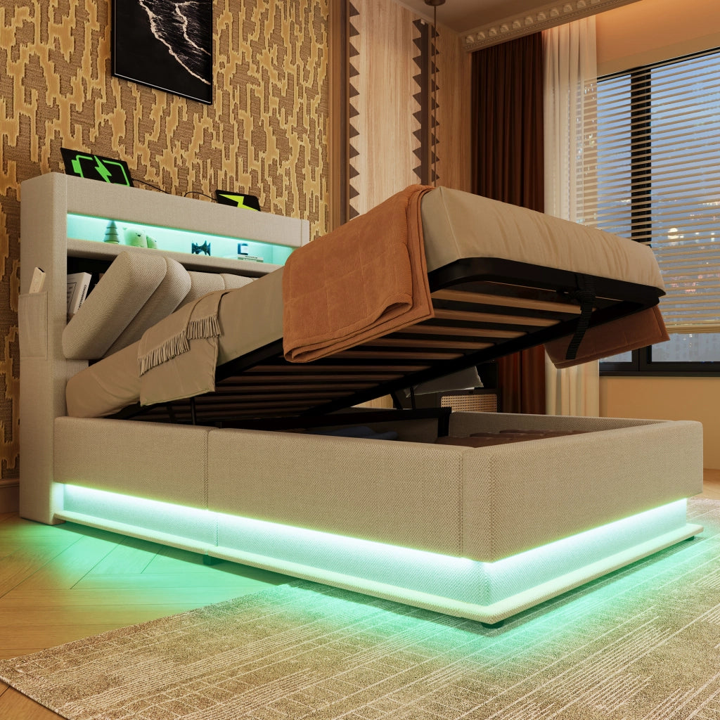 Letto singolo 90 × 200 cm con contenitore idraulico in lino beige LED USB Type-C materasso incluso