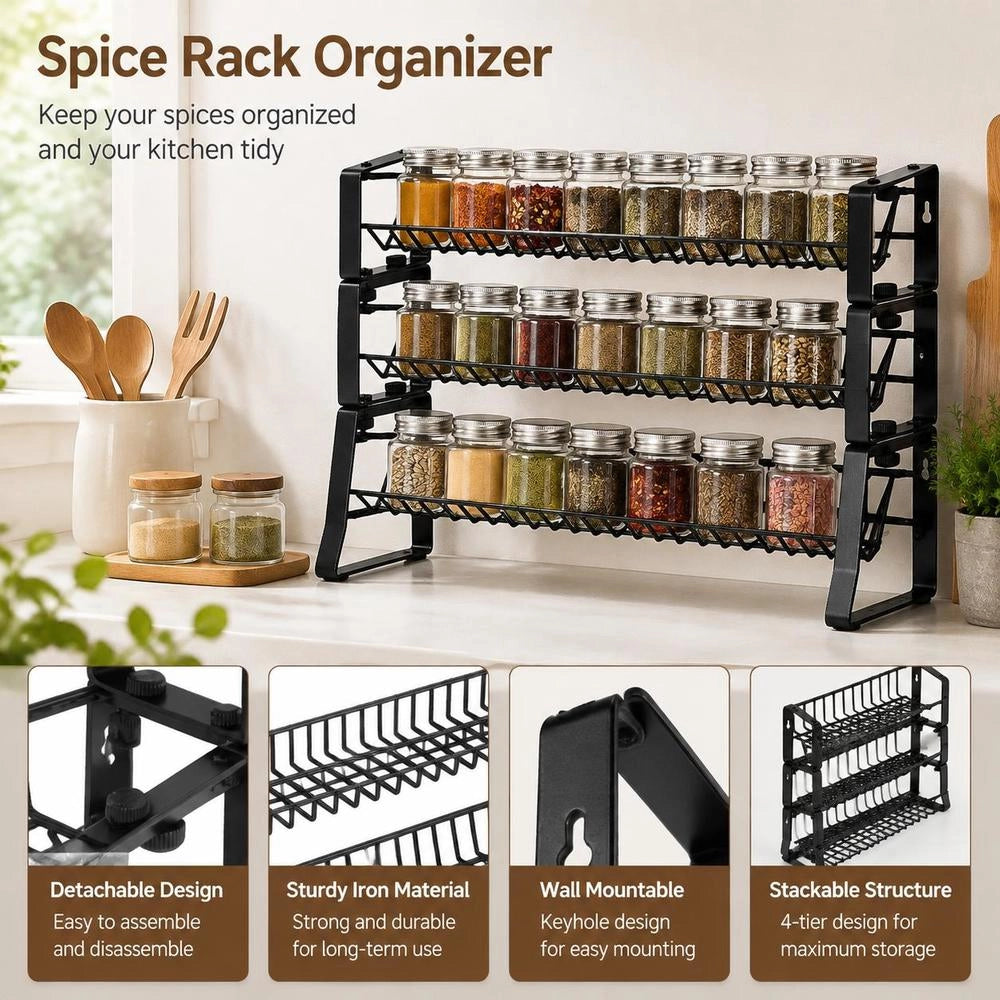 Removable 4-tier Spice Rack, Stackable Spice Holder Organizer (401 X 116 X 271 Mm), Kitchen Countertop Storage, Kitchen Pantry, Larder, Black