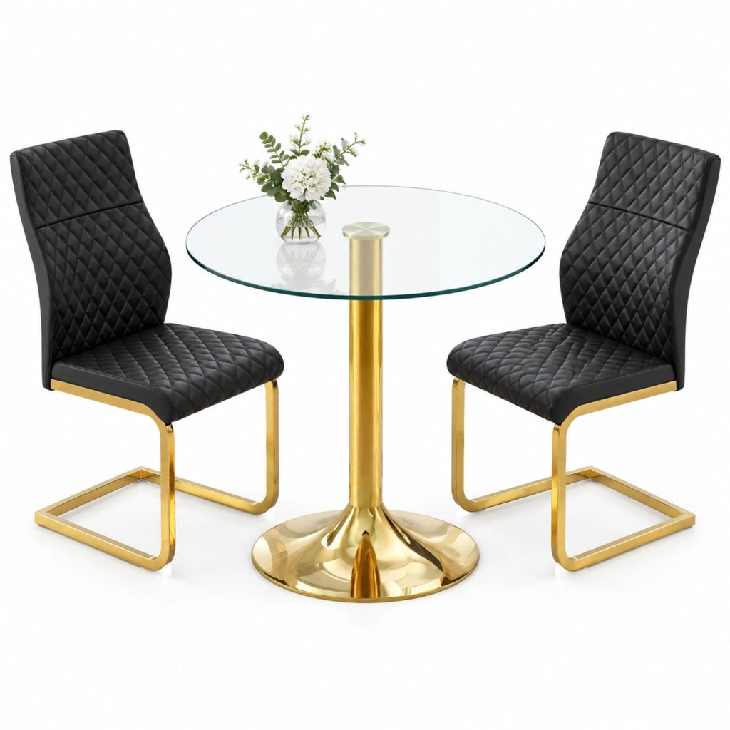 Set tavolo rotondo in vetro temperato e sedie nero oro