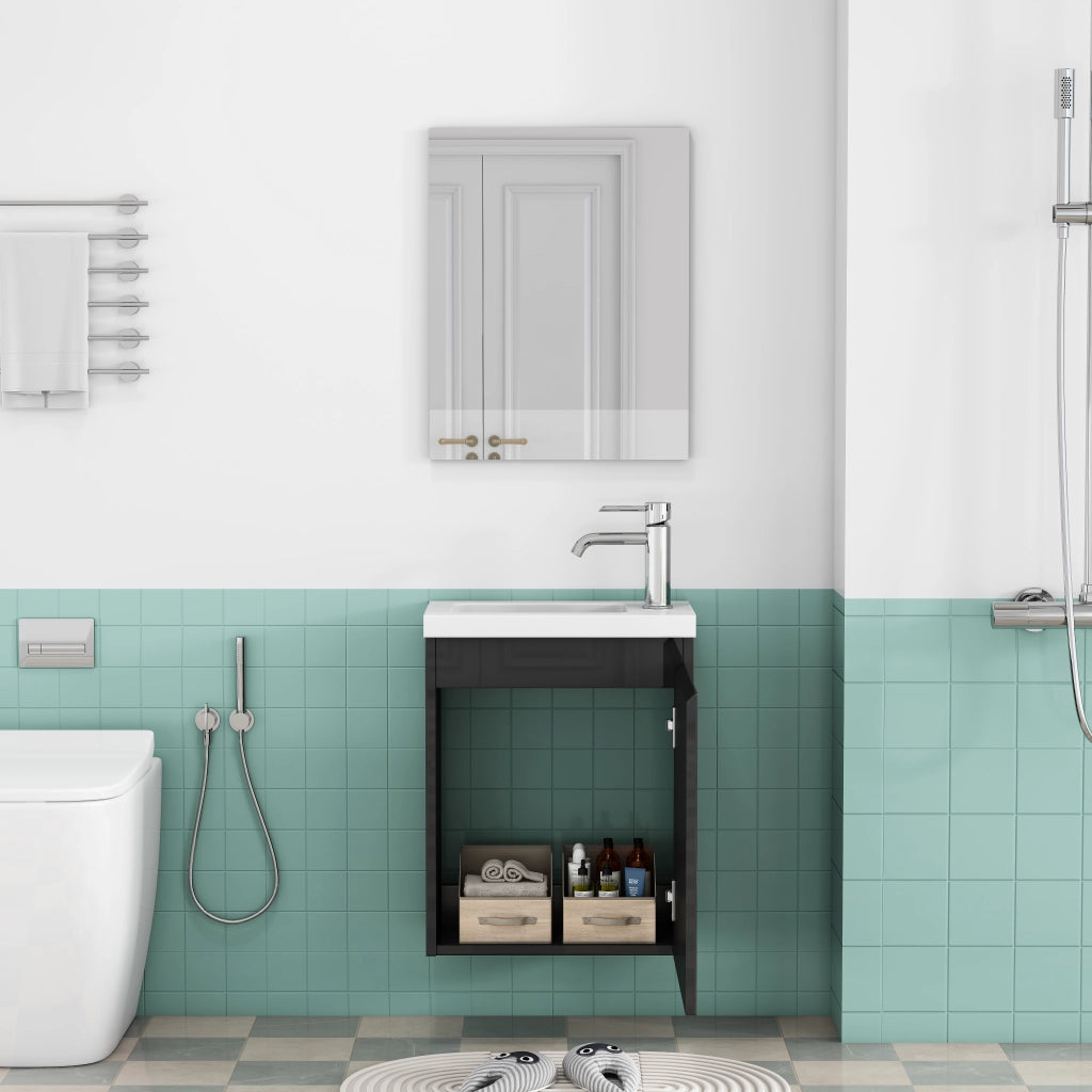 Mobile bagno sospeso nero con lavabo in ceramica e specchio