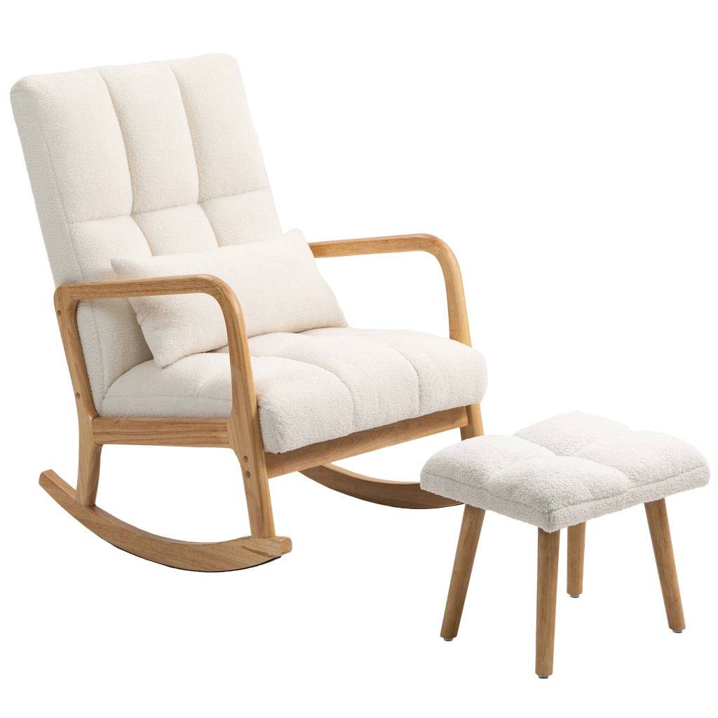 Poltrona a dondolo con poggiapiedi in tessuto bouclé bianco, sedia a dondolo con gambe in legno, 64,5 x 82 x 89 cm, per casa e relax
