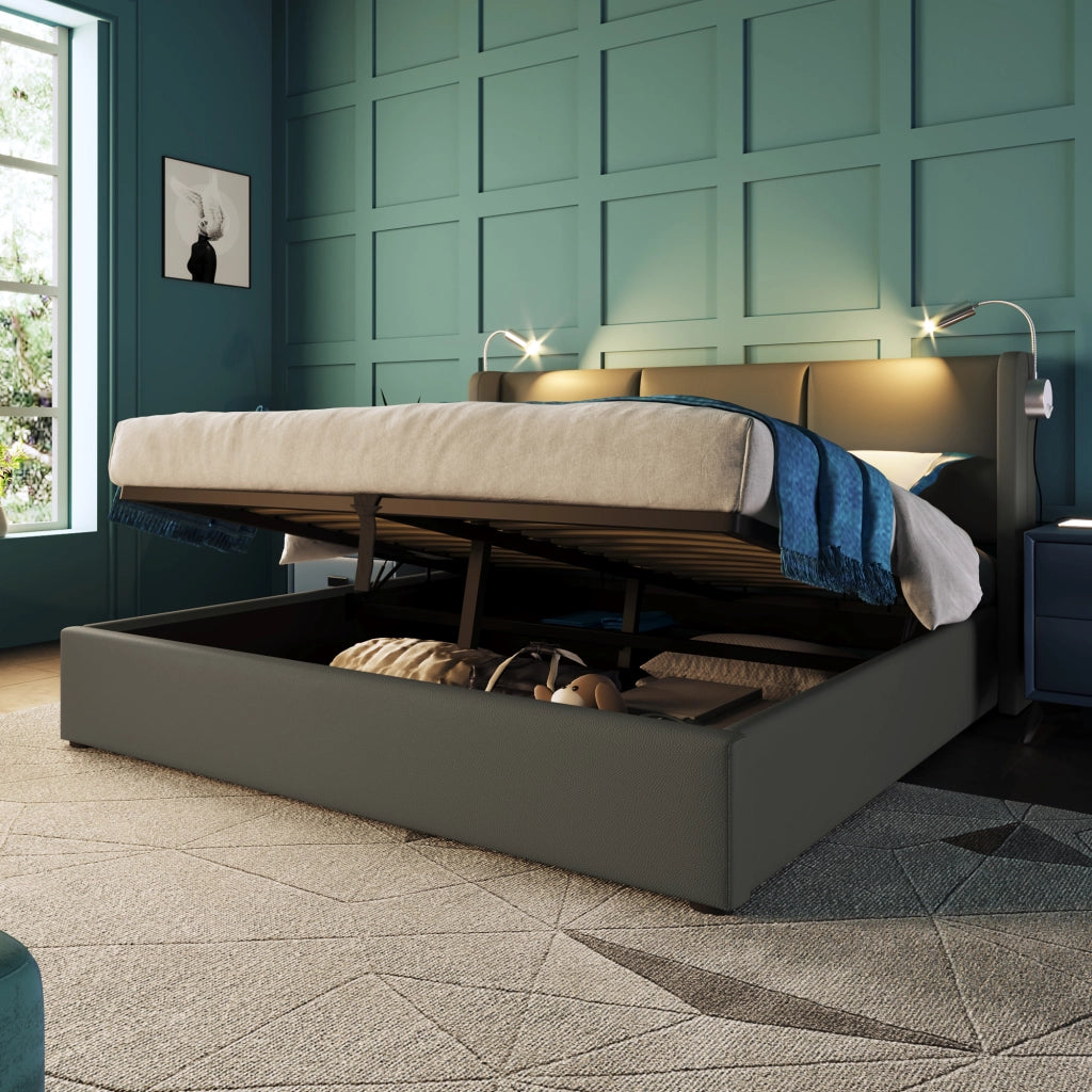 Letto matrimoniale 160x200 con materasso e contenitore grigio