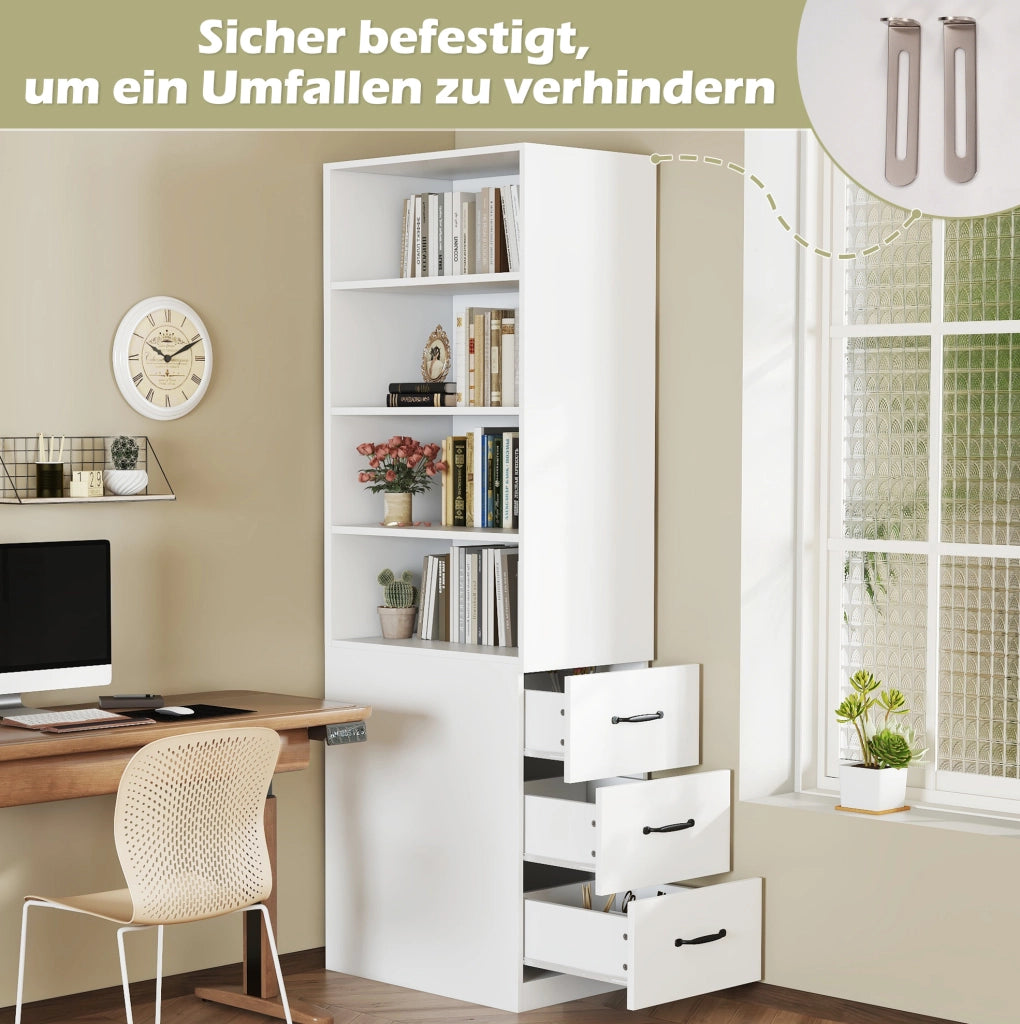 Libreria stretta 180 cm con 3 cassetti laterali e ripiani regolabili bianca