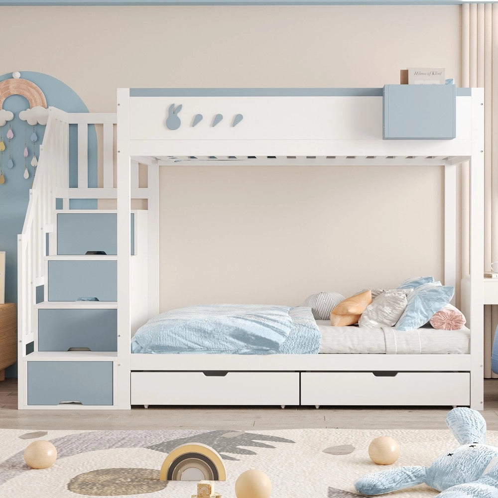 Letto a Castello Bambini con Cassetti e Doghe ¨C MINIMAL ¨C Bianco e Blu 90x200