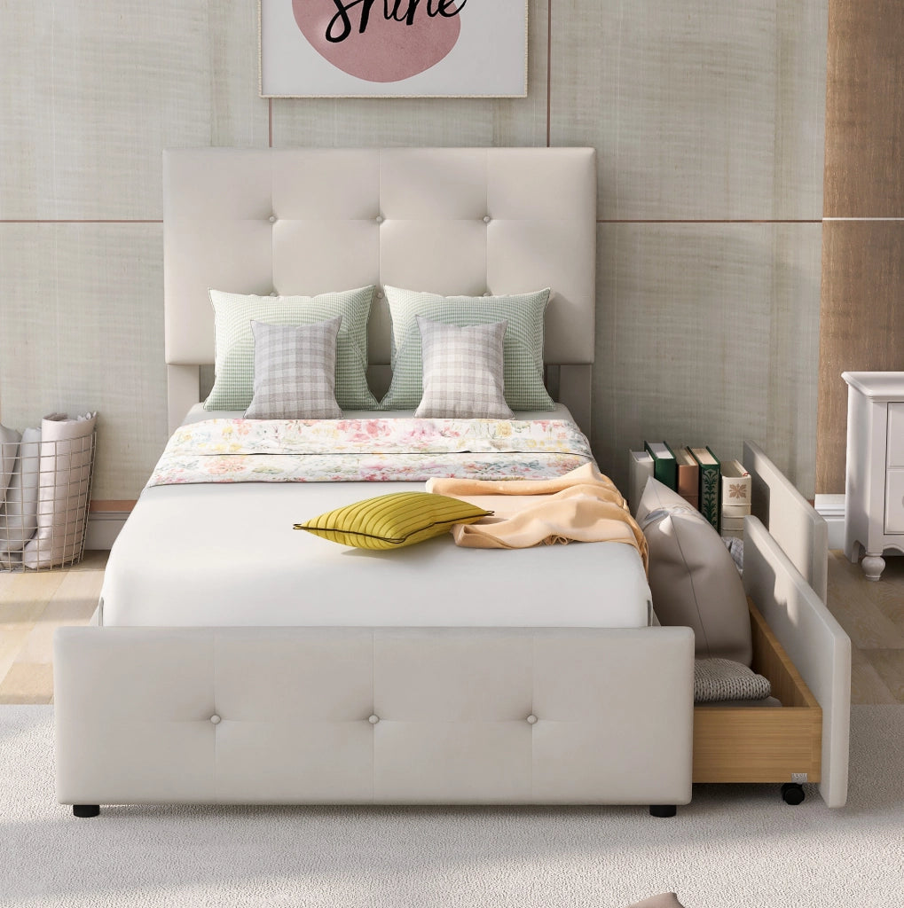 Letto imbottito 90x200 cm con rete a doghe e cassetto in velluto beige