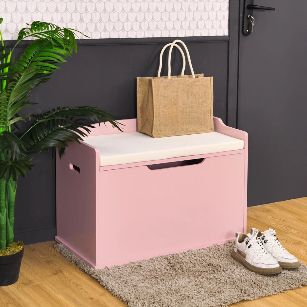 Cassa per giocattoli con 2 cerniere di sicurezza, Cassa con coperchio sollevabile Rosa-Tavoli e sedie