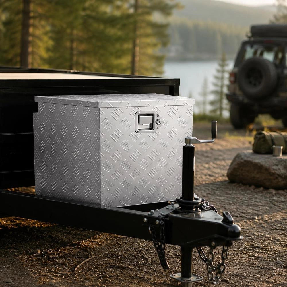 Trailer Tongue Box, 29" X 16.1" X 18" Aluminum Trailer Tongue Tool Box, Heavy Duty Storage Organizer With Lock & Keys, Utility Tool Chest For Pickup Truck Bed, RV, SUV, Off-Road Vehicle, Silver