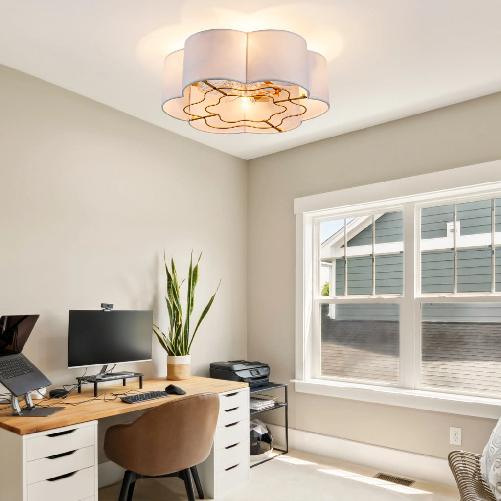 Ventilatore da soffitto con luce; controllo Bluetooth e telecomando; tessuto e plastica oro e bianco