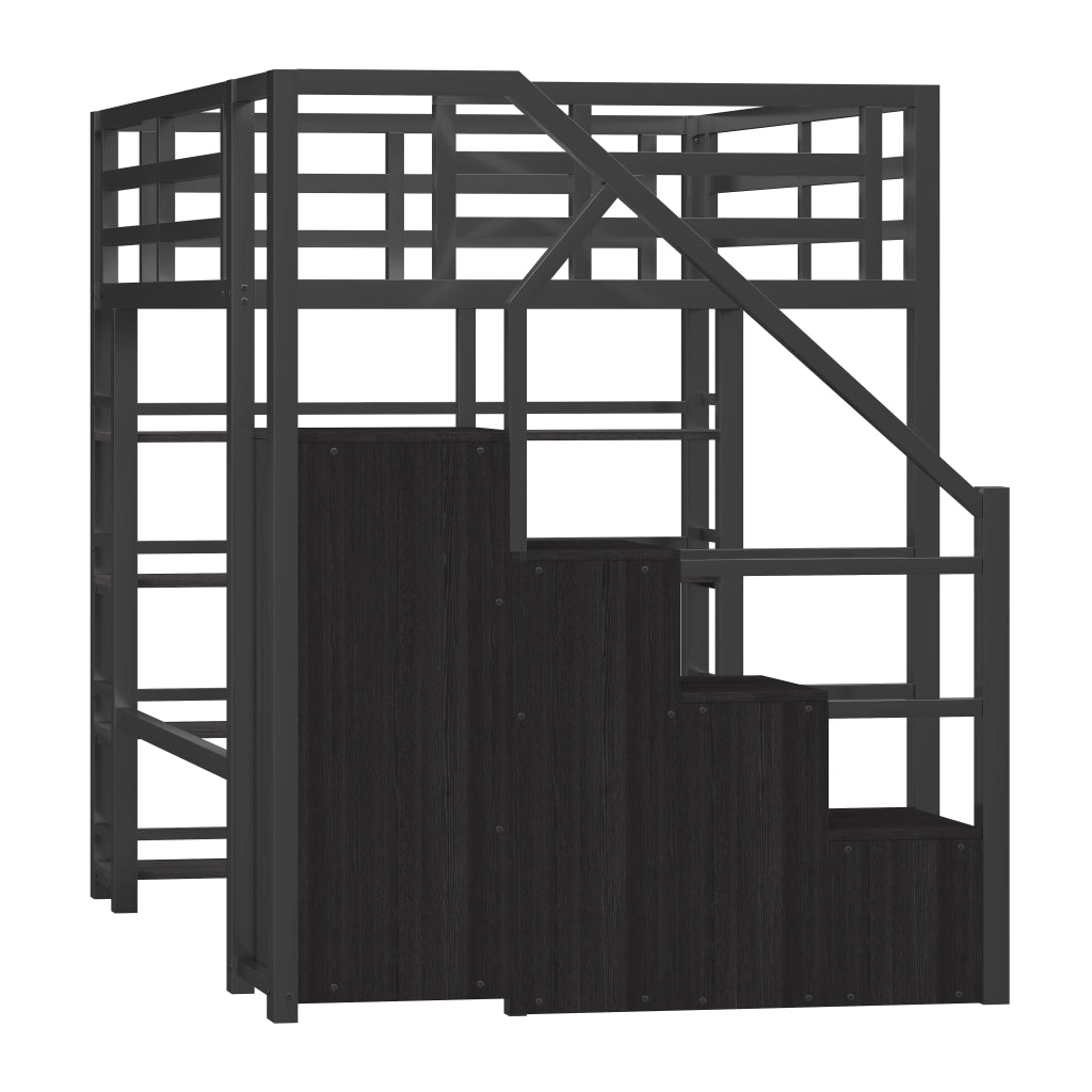 Letto a soppalco 140 × 200 cm con libreria e armadio; scala contenitore e LED in metallo e MDF nero