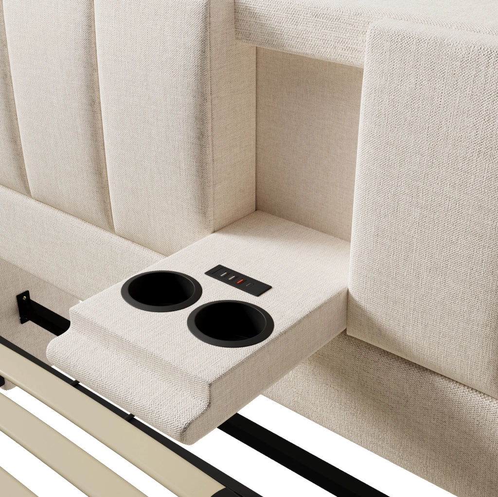 Letto imbottito 180x200 cm con portabevande nascosto, stazione di ricarica USB e contenitore sotto al letto, struttura in lino beige senza materasso