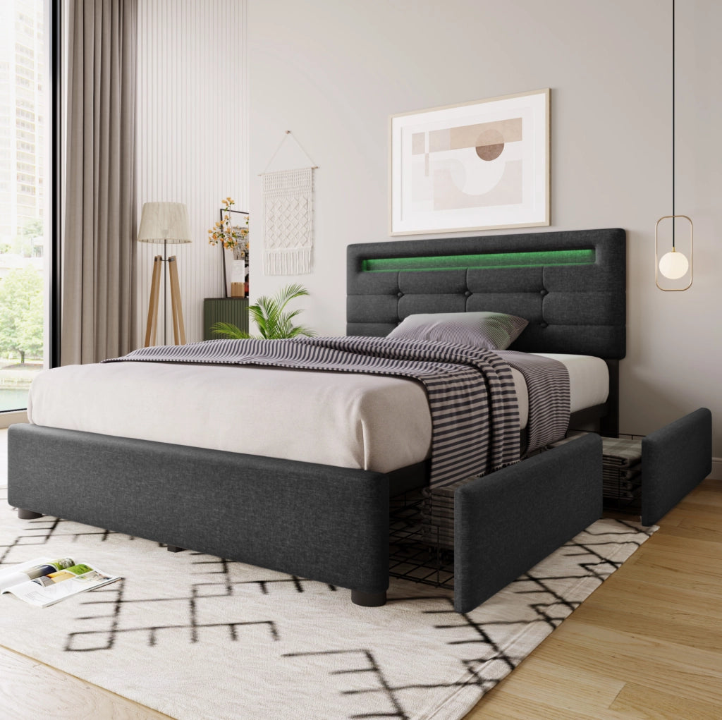 Letto imbottito 90x200 cm con LED, 2 cassetti e materasso a molle grigio