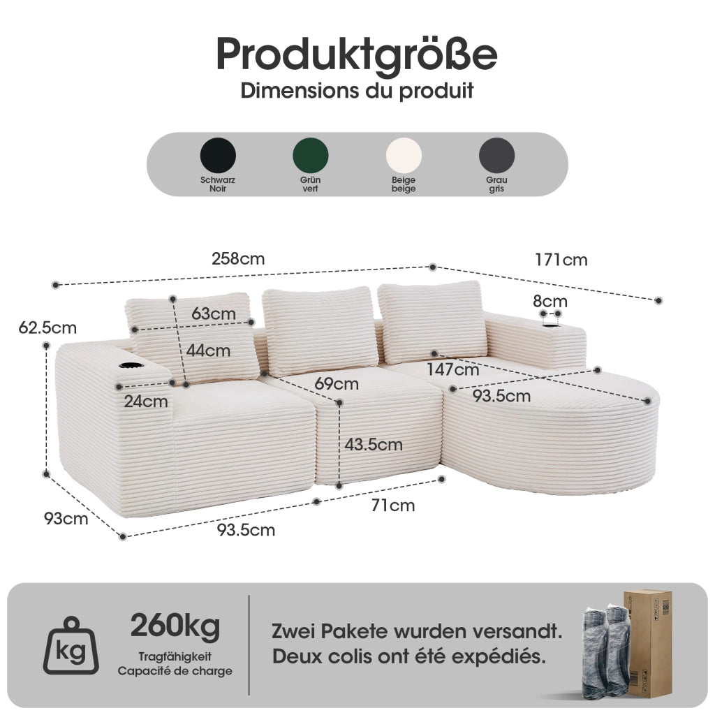 Divano 2 posti beige in velluto a coste 265 cm con portabicchieri e cuscini