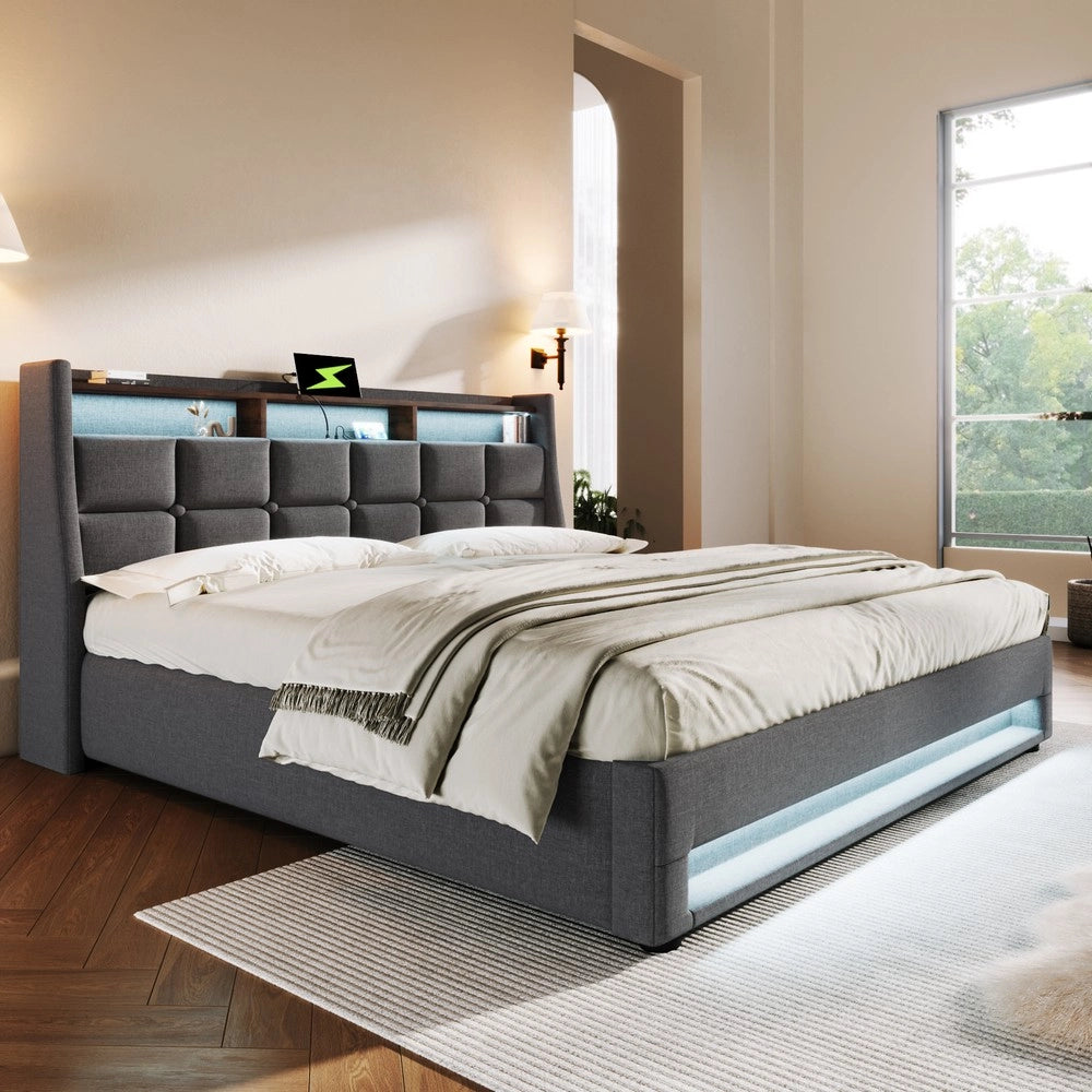 Letto Imbottito Matrimoniale con LED e Rete a Doghe ¨C MINIMAL ¨C Tessuto Lino 180x200