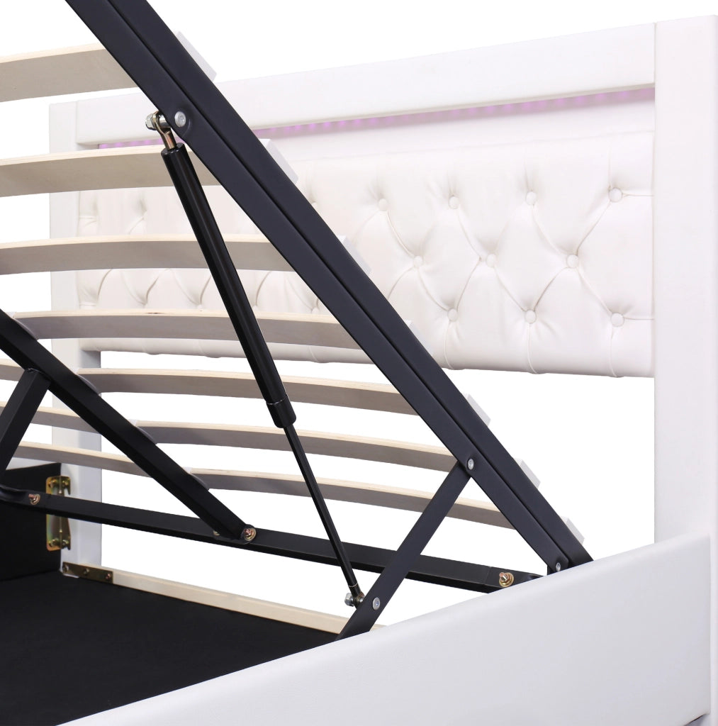 Letto imbottito 140x200 cm con LED; contenitore; rete a doghe; similpelle bianca