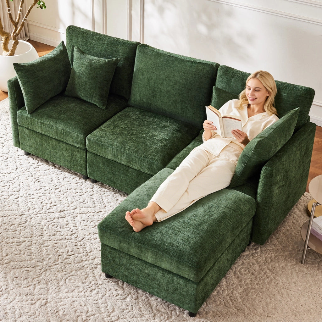 Divano Angolare Modulare 3 Posti con Poggiapiedi e Cuscini ¨C MINIMAL ¨C Verde, Tessuto Chenille
