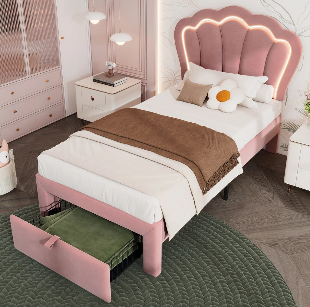 Letto singolo 90x190 cm rosa con LED RGB e cassetto estraibile
