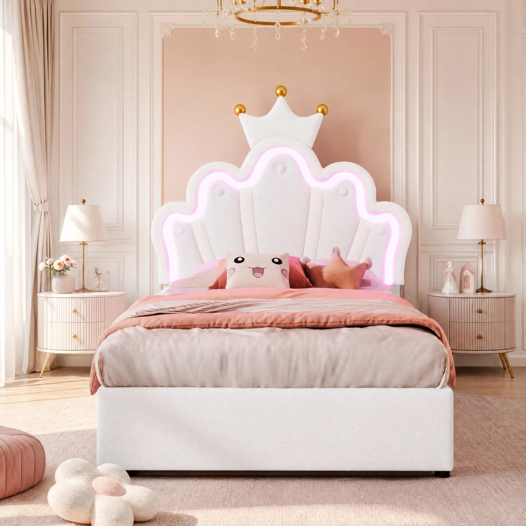 Letto imbottito 90x200 cm con LED, 2 cassetti e testiera regolabile
