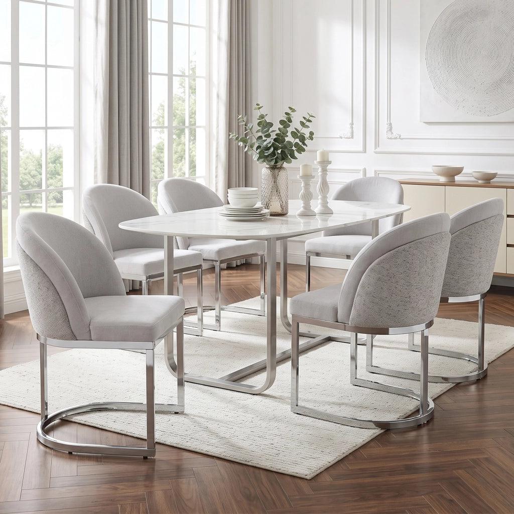 Set di 4 sedie da pranzo con schienale doppio e gambe metalliche in chenille grigio argento