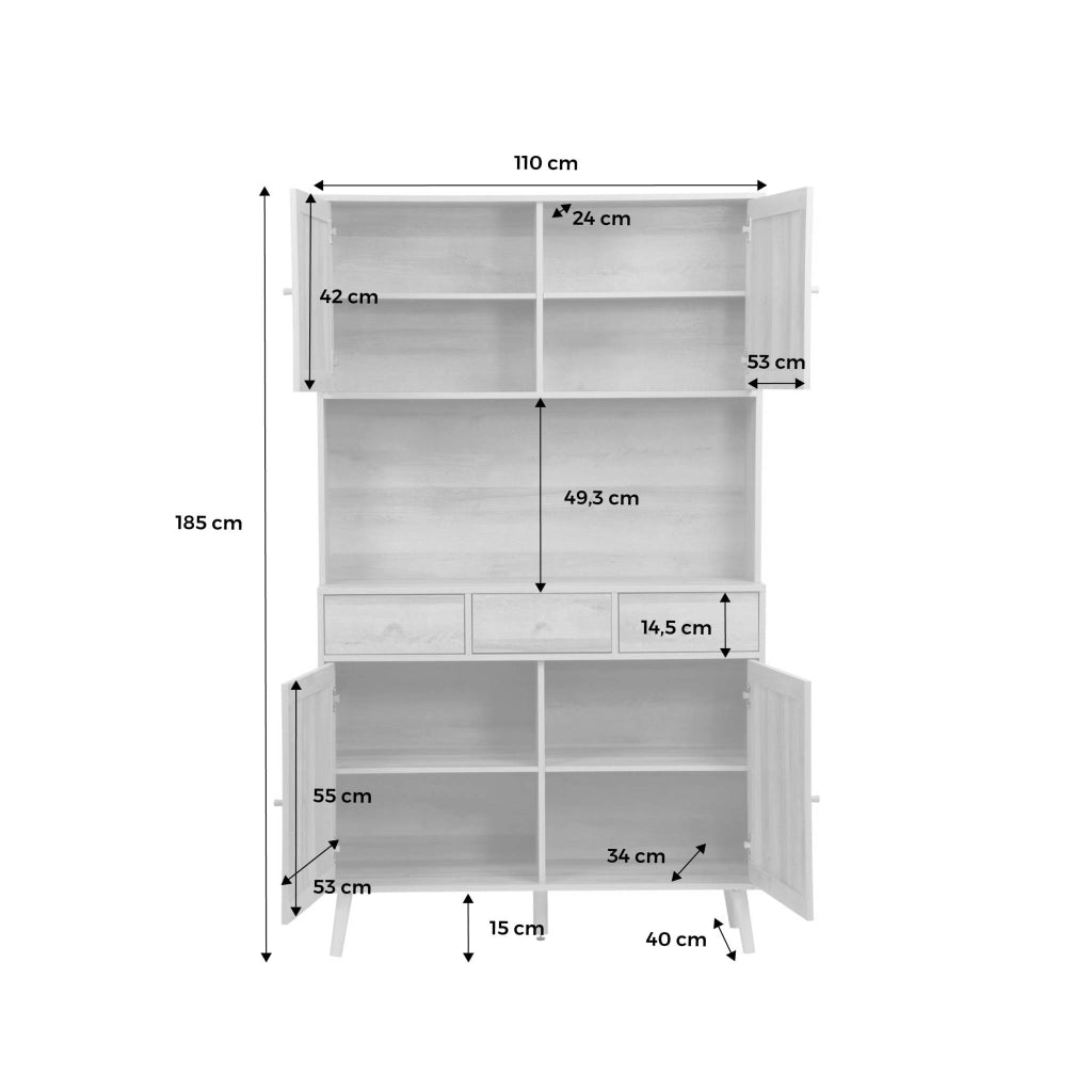Credenza decorazione in legno e cannage 4 ante e 3 cassetti, 110cm,