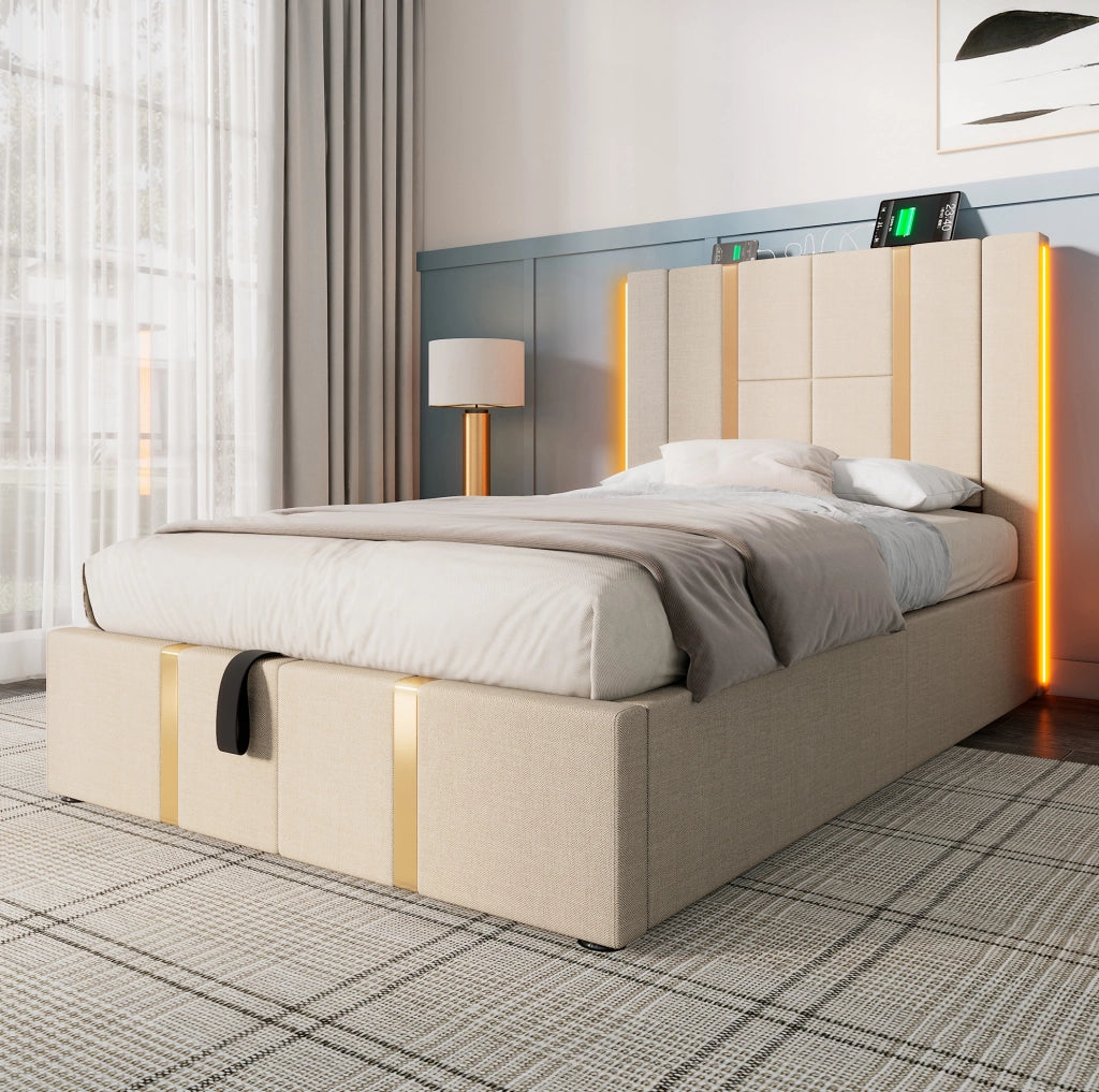 Letto imbottito 90x200 cm beige con materasso, LED e ricarica USB-C