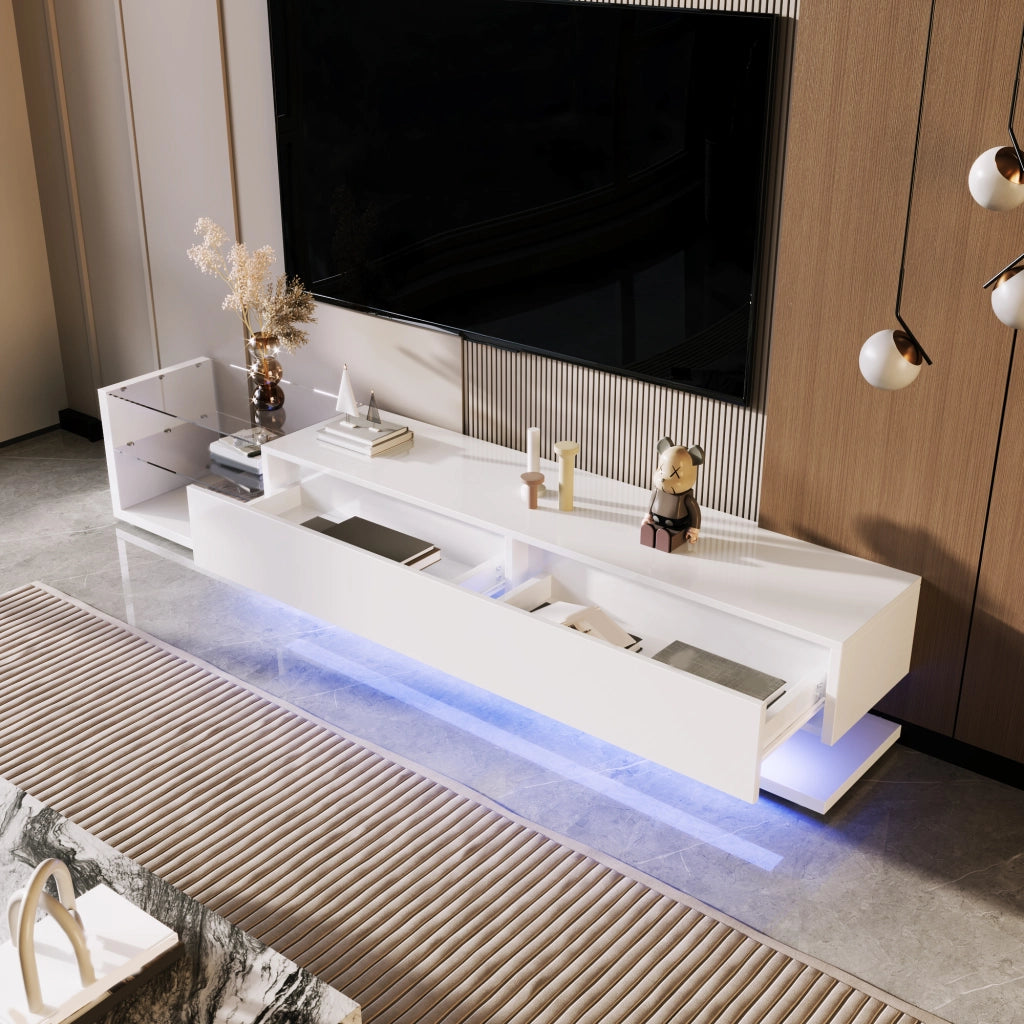 Mobile TV 170x36x38 cm Bianco Lucido con LED Multicolore, 2 Cassetti e 2 Ripiani in Vetro