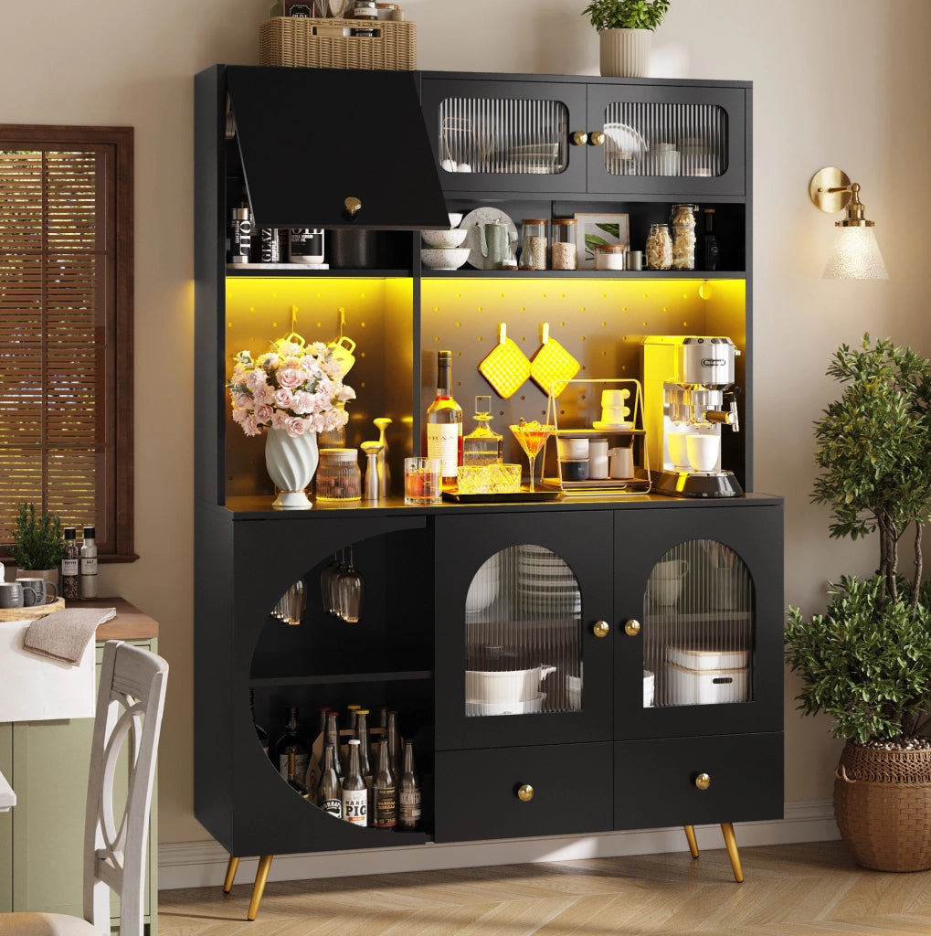 Mobile alto da cucina nero con LED, prese USB e portabottiglie