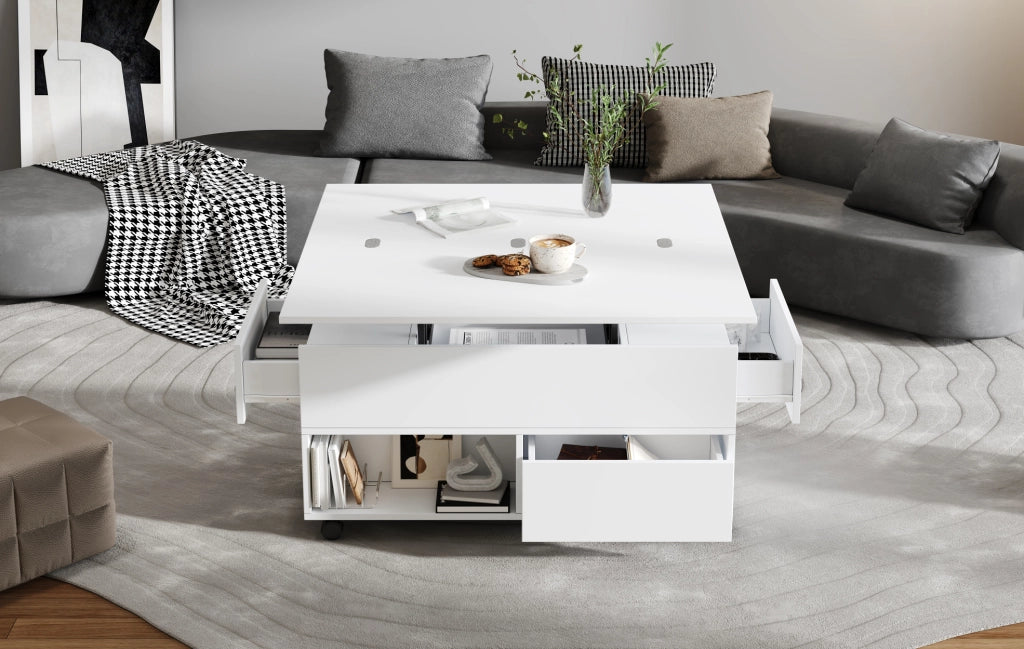 TAVOLINO Alzabile 100x50x52 cm Bianco con Ruote e 4 Cassetti