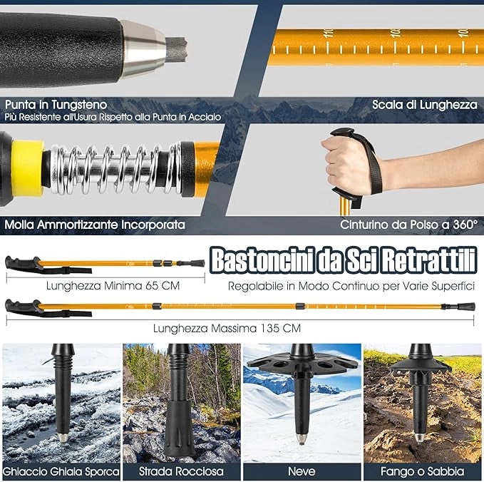 Set 4 in 1 Ciaspole da Neve 53/63/78 cm per Uomini, Donne e Ragazzi con Sistema di Fissaggio, Telaio in Alluminio, Bastoncini da Trekking, Ghette Gambe Impermeabile e Borsa