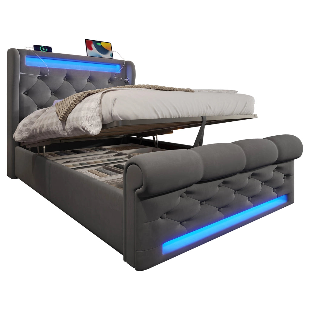 Letto singolo 90x200 cm con materasso e contenitore; grigio