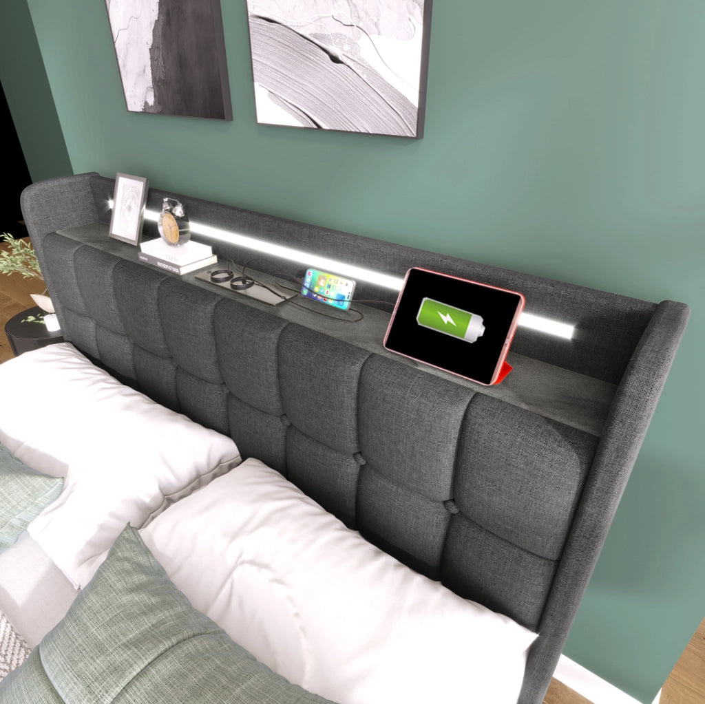 Letto singolo imbottito 90x200 cm con USB, luci LED e 2 cassetti