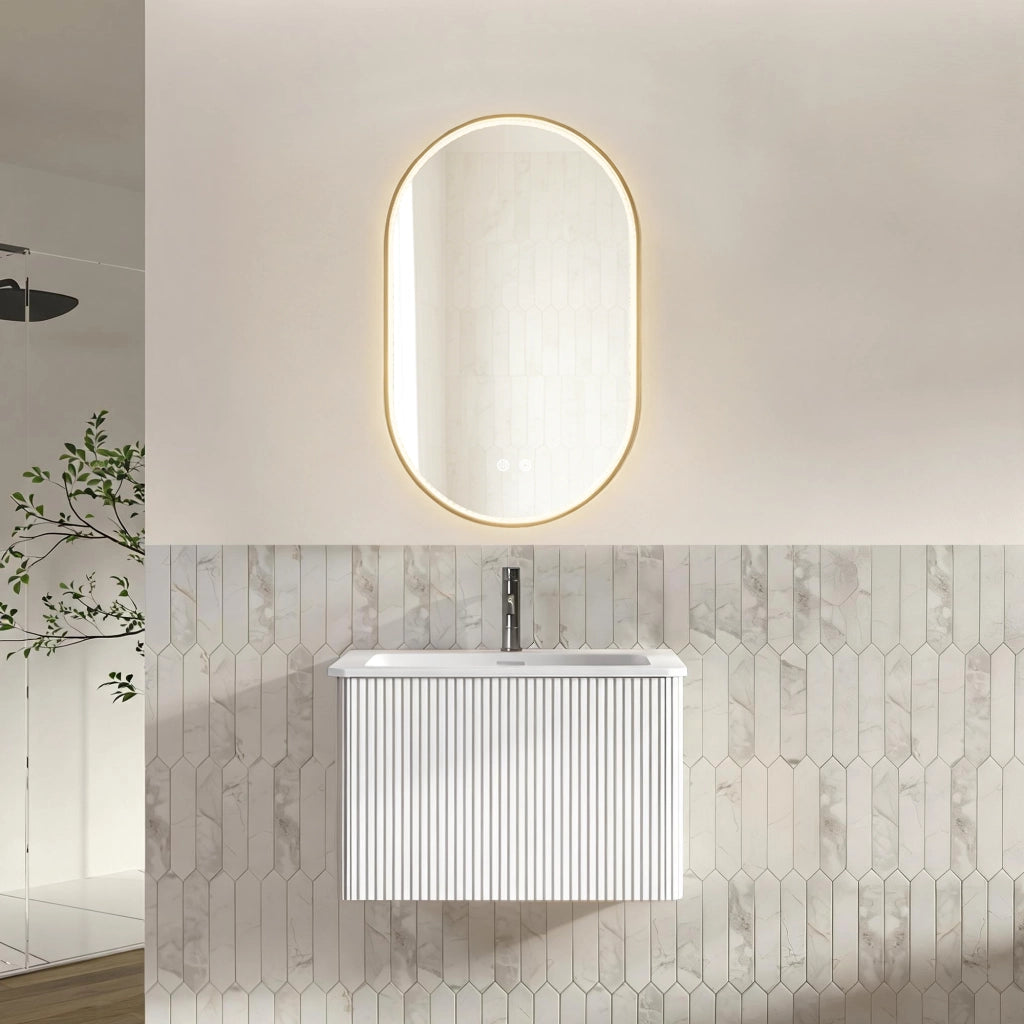 Set mobile bagno sospeso con lavabo, colonna laterale e specchio LED