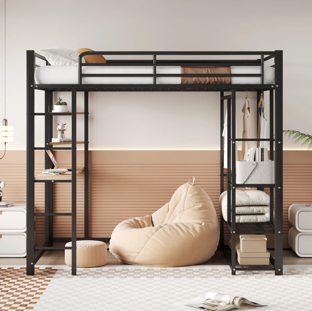 Letto a soppalco matrimoniale in metallo 140 x 200 cm con scrivania e guardaroba nero
