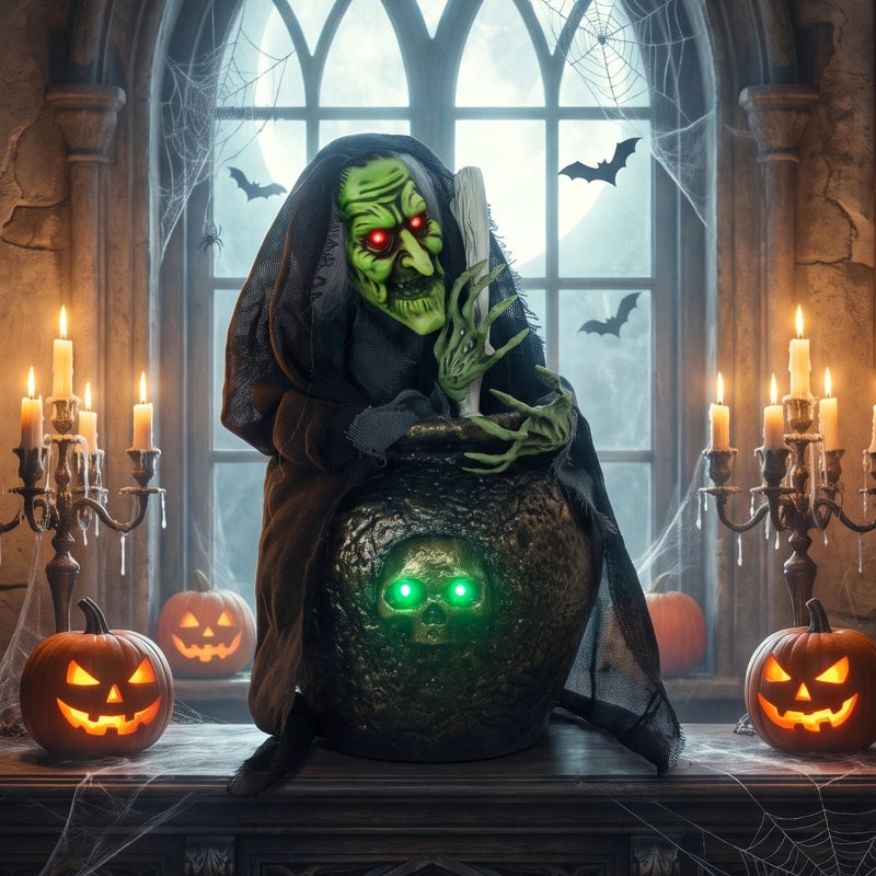 Desviae Decorazione animata da tavolo di strega per halloween con calderone, luci led e attivazione sonora o al tatto, nera