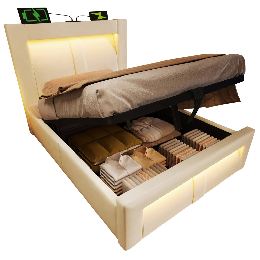 Letto contenitore 90x200 cm con LED; porte USB e USB C; velluto beige; senza materasso