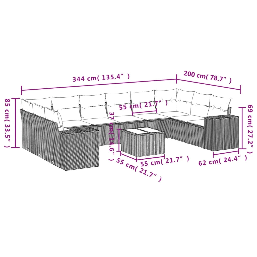 Set Divani da Giardino 11 pz con Cuscini in Polyrattan Nero
