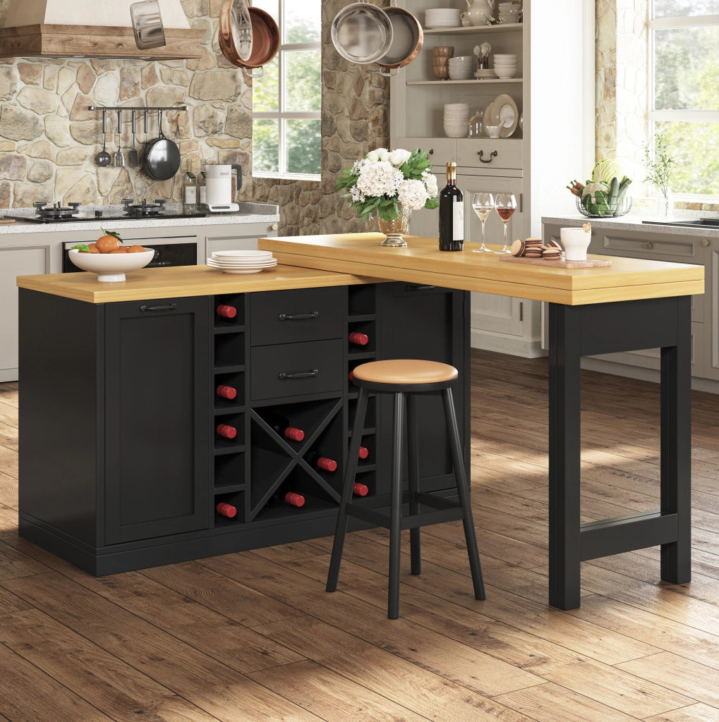 Isola cucina girevole 120-223x40x73,8 cm in MDF e metallo nero con contenitori –