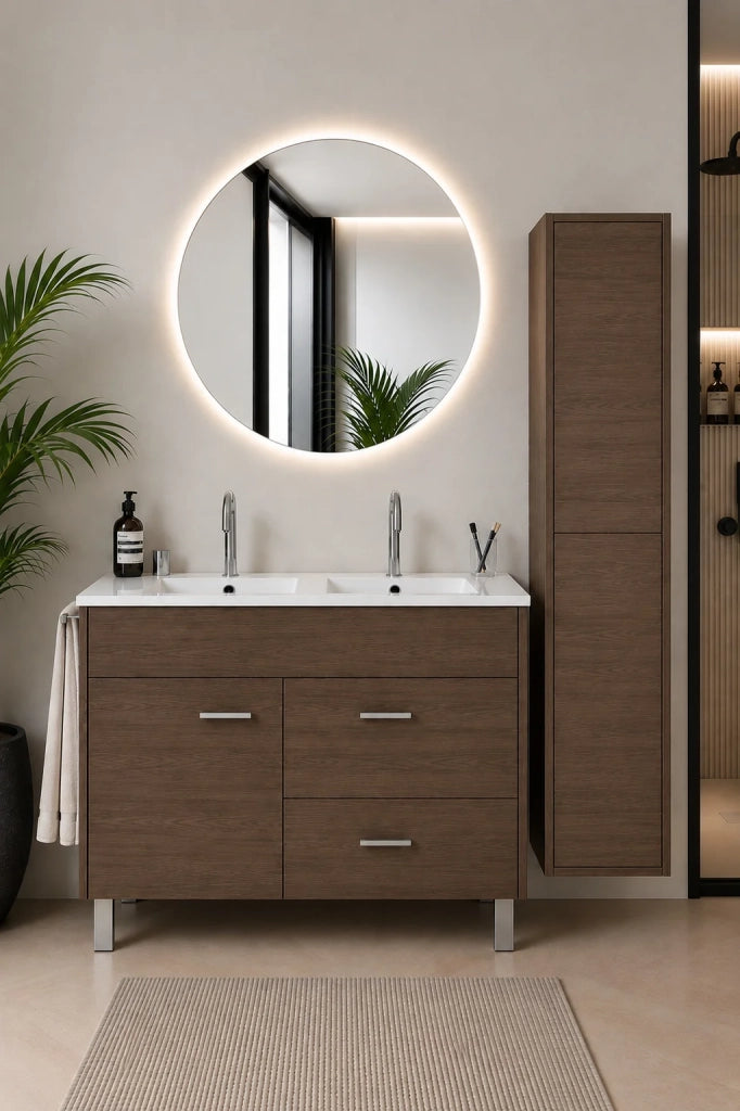 Mobile bagno con lavabo ORIGENBATH SAMOS senza specchio 120x45 cm doppio lavabo frassino tea con colonna