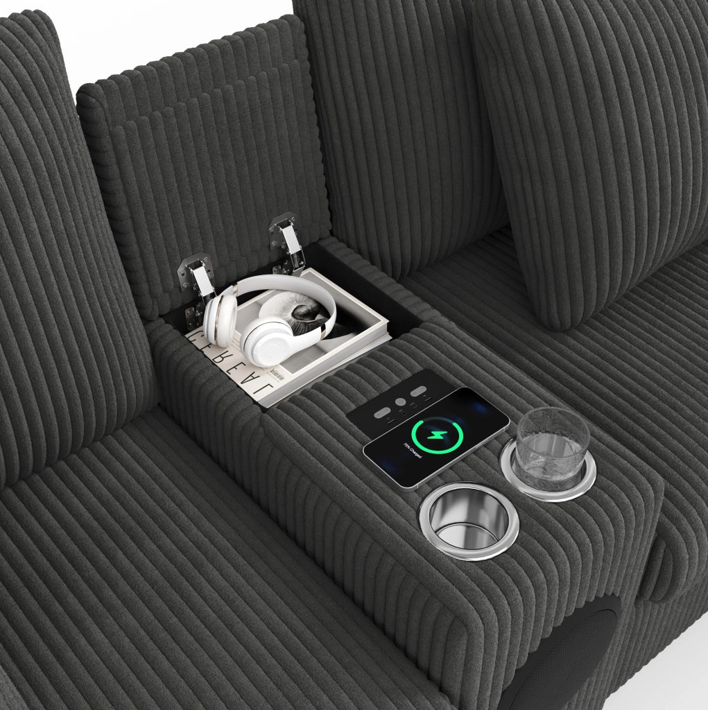 Divano modulare in velluto a coste con console Bluetooth; ricarica wireless USB/Type-C; grigio